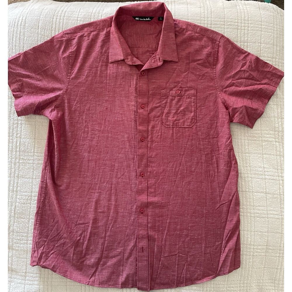 Travis Mathew Shirt Mens 2XL‎ XXL Red Chambray Short Sleeve Button Up